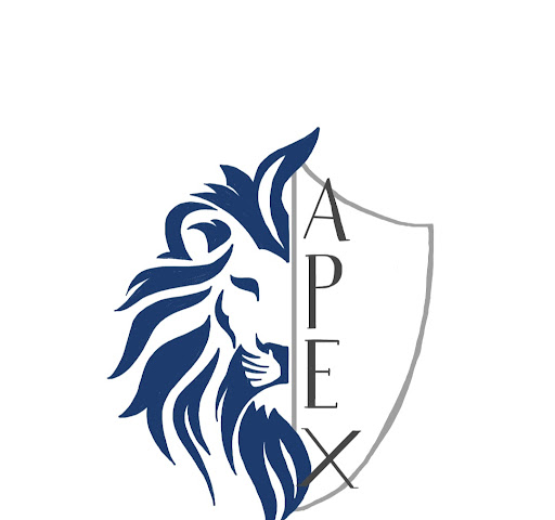 Logo featuring a blue lion head facing left, partially overlapping a grey shield.